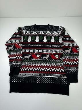 B&M Black Ugly Christmas Sweater Reindeer Snowman XL